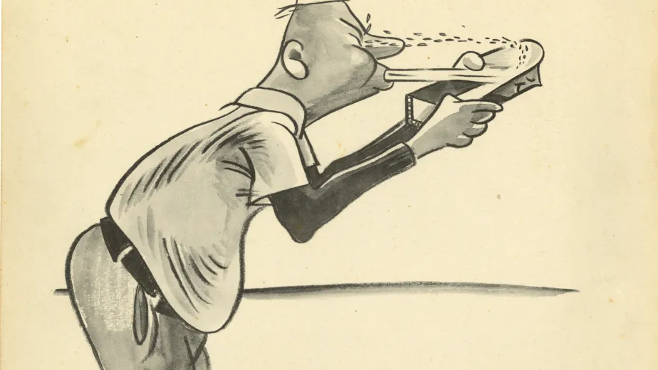 A cartoon drawing of a man holding a rectangular box in his hands. As he blows on the box, debris hits his eyes.