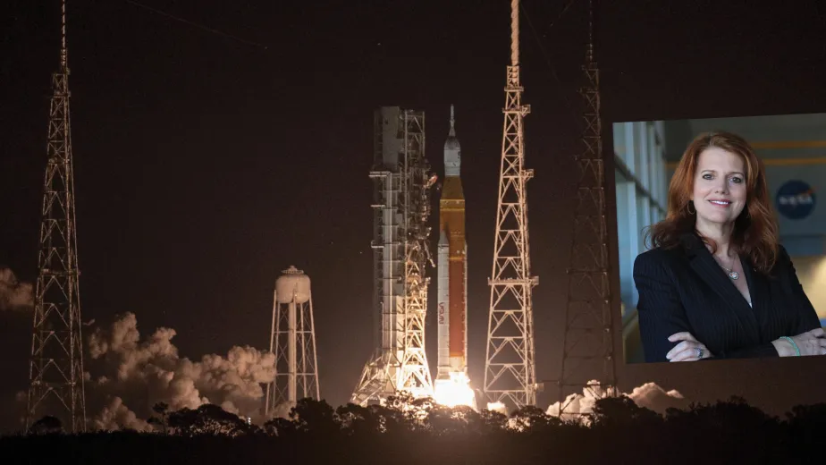 Nighttime rocket launch with an inset photo of Charlie Blackwell Thompson.