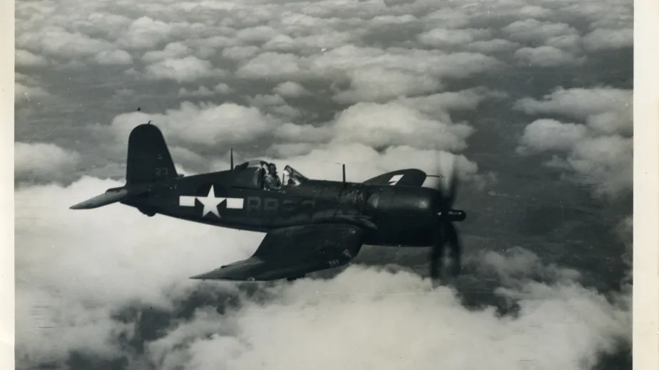 The F4U Corsair soaring through the skies.