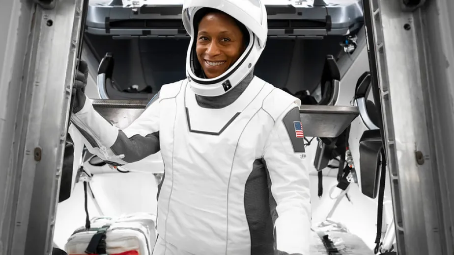 NASA astronaut and SpaceX Crew-8 Mission Specialist Jeanette Epps is seated inside a T-38 trainer jet at Ellington Field in Houston, Texas. Credit: NASA