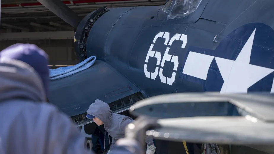 Restored Corsair painted with Alfred Lerch’s aircraft markings for the Museum’s new exhibition. Credit: Intrepid Museum.