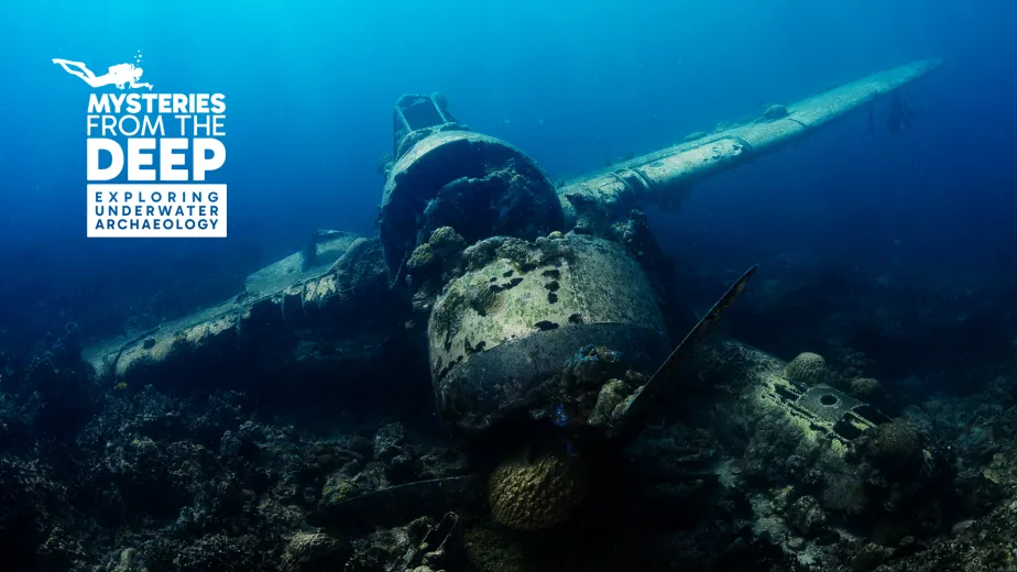 Archaeologist swimming near coral-covered shipwreck remains