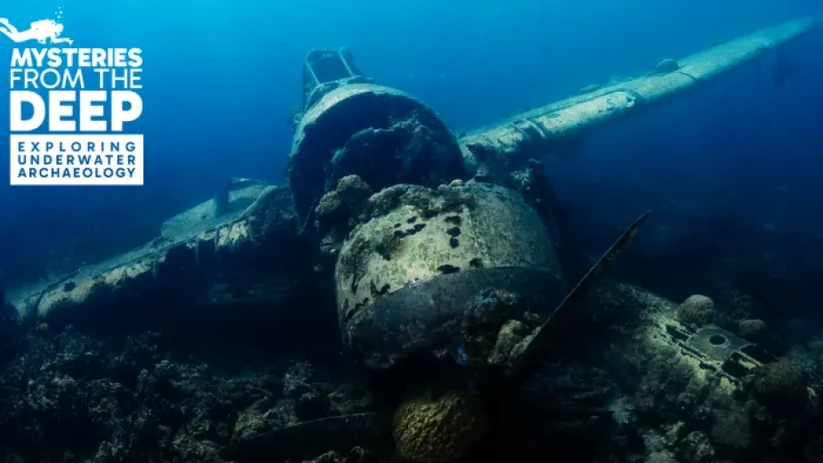 A sunken aircraft with a text overlay saying "Mysteries from the Deep: Exploring Underwater Archaeology"