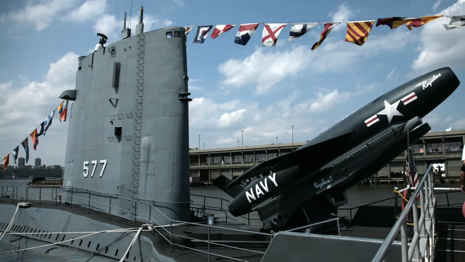 Top section of the submarine Growler with a Regulus missile in launch position.