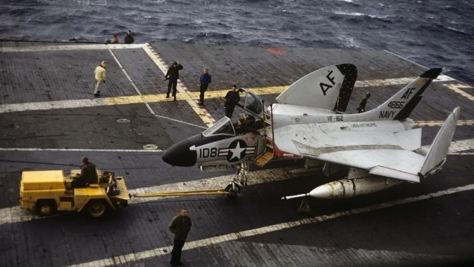 A Skyray jet plane on the flight deck of Intrepid.