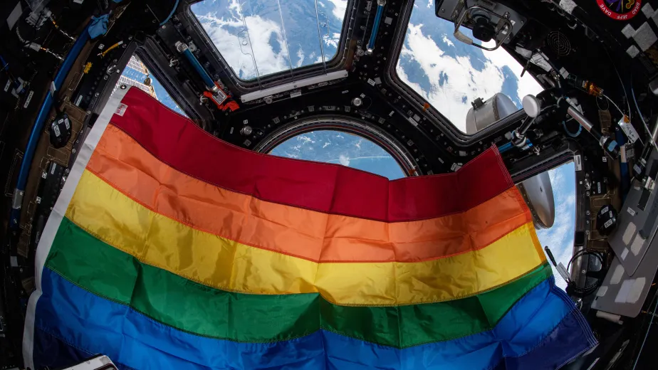 A rainbow Pride flag in the International Space Station.