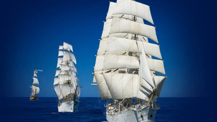 Tall ships and naval vessels in harbor