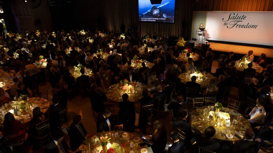 Susan Marenoff-Zausner, president of the Intrepid Museum, giving a speech at the 2025 Salute to Freedom Gala