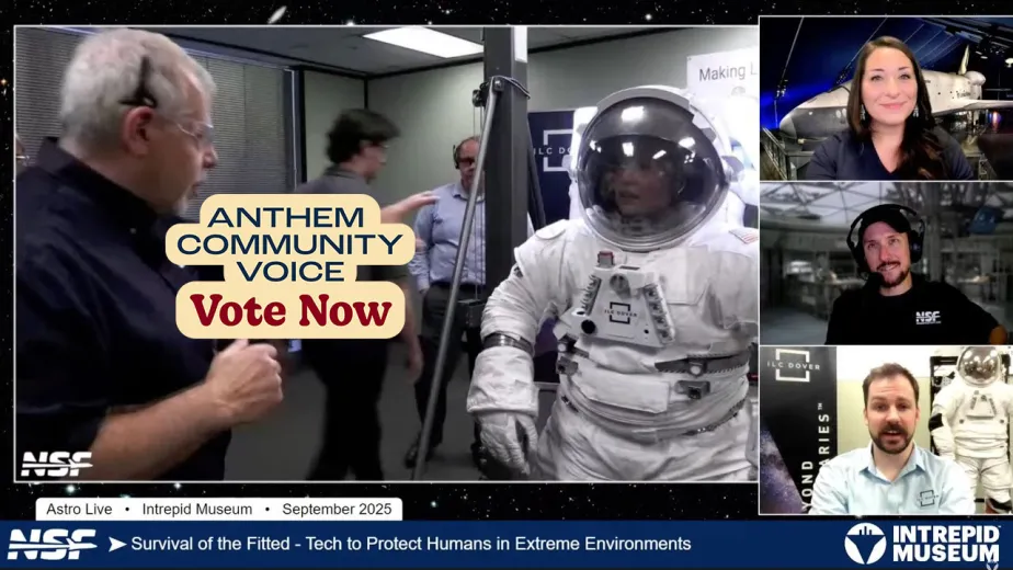 Astro Live presenters explore spacesuit technology, with a “Vote Now” message for the Anthem Community Voice Awards.