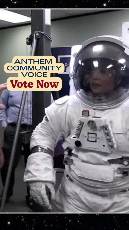 Astro Live presenters explore spacesuit technology, with a “Vote Now” message for the Anthem Community Voice Awards.
